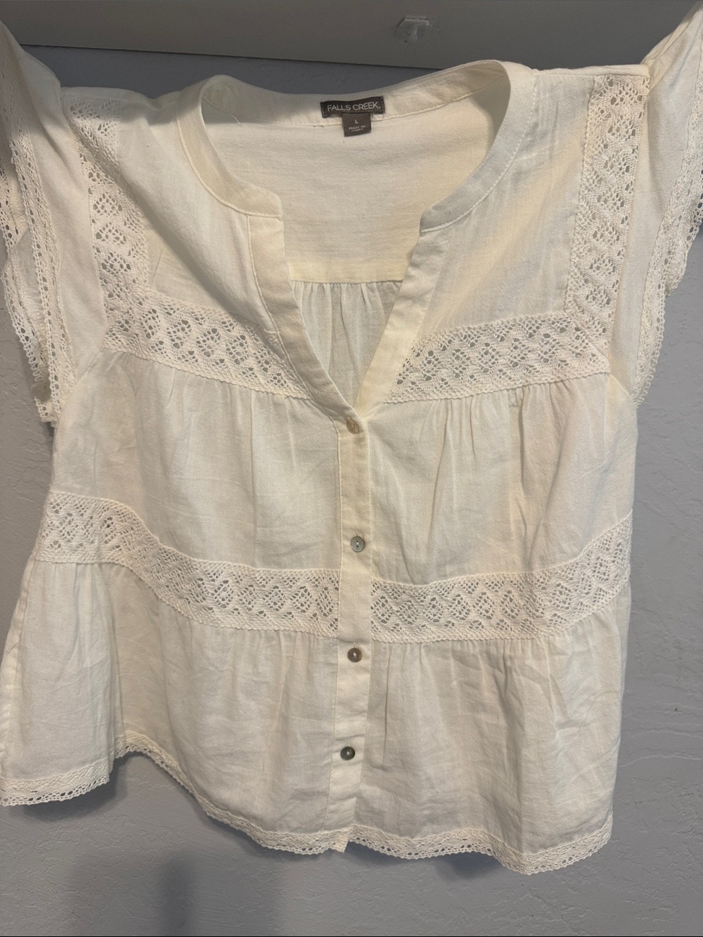 Falls Creek Cream Lace-Trim Button Front Blouse